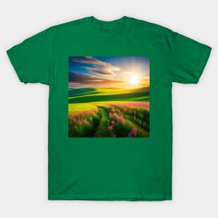 Grassy Meadow with Pink Wildflowers Nature Landscape T-Shirt